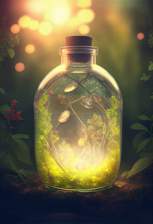 bottle of magic potion in summer forestの素材