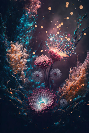 fantasy beautiful flowers as firework on dark backgroundの素材