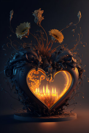 fantasy candlestick with burning candles and flowers on dark backgroundの素材