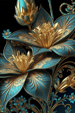golden and blue ornate pattern and abstract flowersの素材
