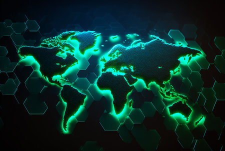 glowing world map made of hexagonal shapesの素材