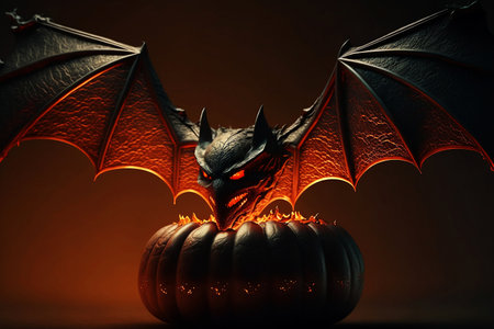 angry bat with halloween pumpkin on dark backgroundの素材