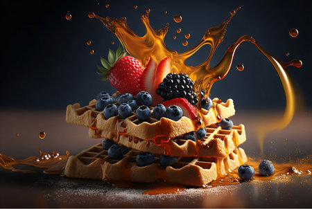 viennese waffles with fruit and berries and splashing honey on dark backgroundの素材