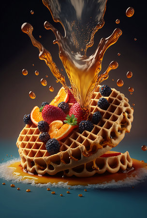 viennese waffles with fruits and berries on dark backgroundの素材