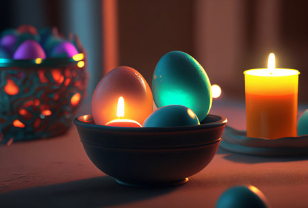 colorful neon easter eggs in warm lightの素材