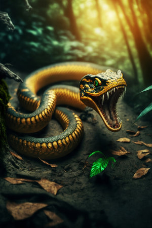 closeup portrait of attacking cobra in jungleの素材