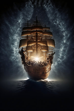 magical pirate ship sailing in the seaの素材