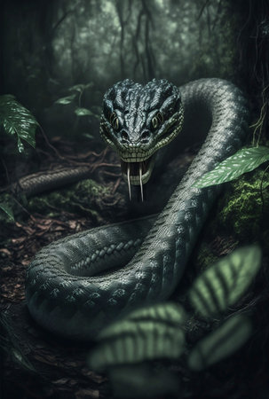 closeup portrait of attacking cobra in jungleの素材