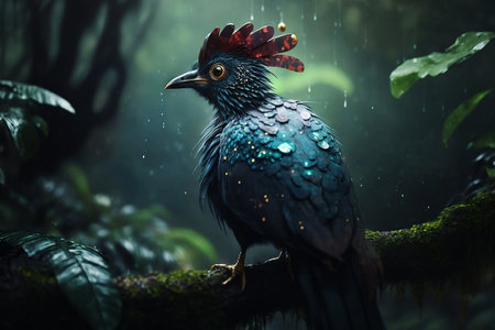 colorful bird sitting on branch in tropical rainy forestの素材