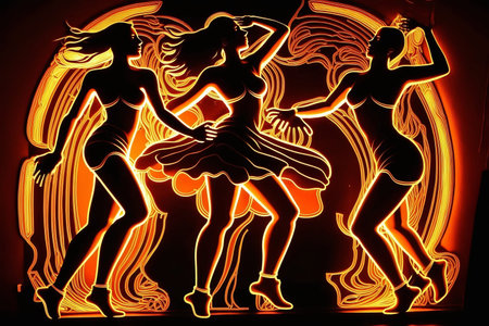 neon silhouettes of dancing people on a black backgroundの素材