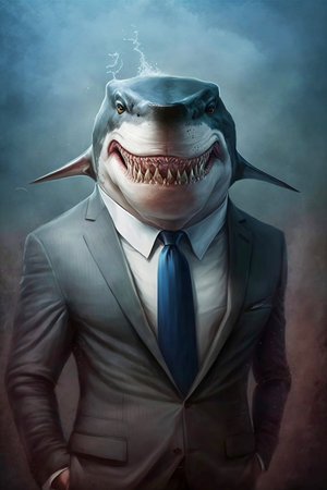 shark dressed as a businessman on a blue backgroundの素材
