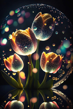 beautiful magic glowing tulips flowers with waterの素材