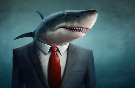 shark dressed as a businessman on a blue backgroundの素材