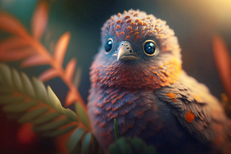 colorful bird sitting on branch in tropical forestの素材