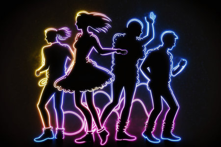 neon silhouettes of dancing people on a black backgroundの素材
