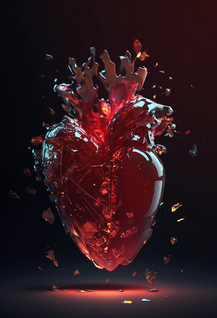 broken glass glowing heart on dark backgroundの素材