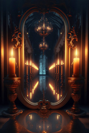 divination with the help of a mirror and hot candles in a dark roomの素材