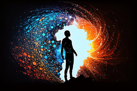 colorful illustration man on a dark multicolored space backgroundの素材