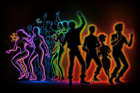 neon silhouettes of dancing people on a black backgroundの素材