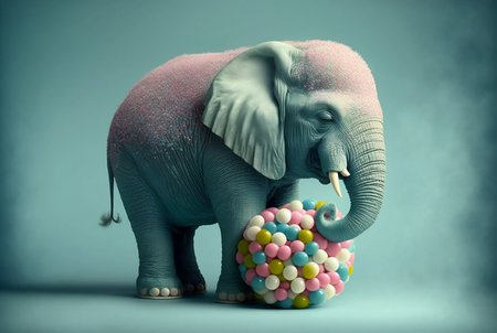 toy of funny elephant with ball on blue backgroundの素材