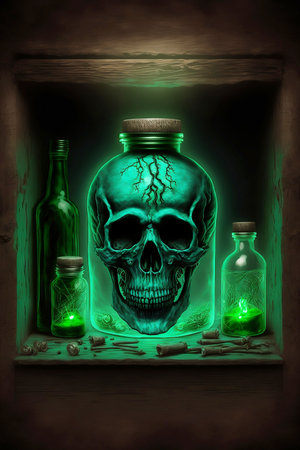 poison bottles with scary skull in glowing green lightの素材