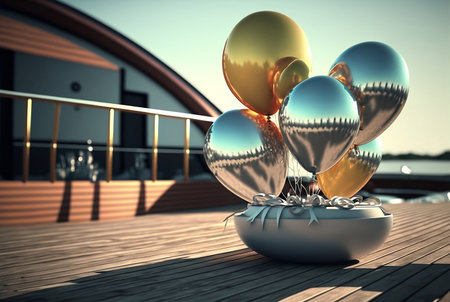 birthday with colorful balloons on deck of cruise shipの素材