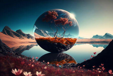 fantasy mountain landscape with beautiful flower meadow and magical bubble planetの素材