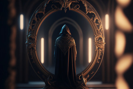 person in mantle standing infront of lagre mirror portrait to magical worldの素材