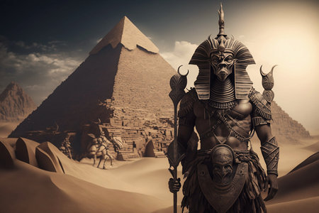 majestic egyptian god with pyramids on background in desertの素材