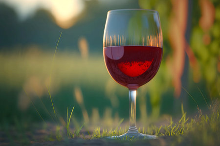 glass of red wine on green grassの素材