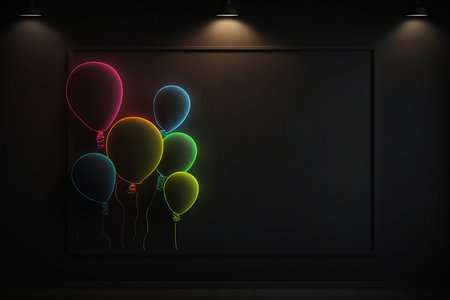 glowing neon balloons on dark backgroundの素材