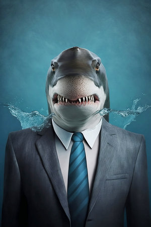 shark dressed as a businessman on a blue backgroundの素材