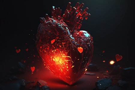 broken glass glowing heart on dark backgroundの素材