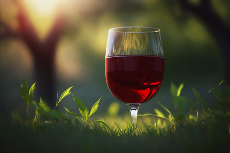 glass of red wine on green grassの素材
