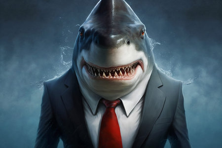 shark dressed as a businessman on a blue backgroundの素材