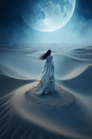 mysterious woman standing in desert landscape in full moonの素材