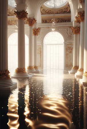 huge white pillared hall flooded with waterの素材
