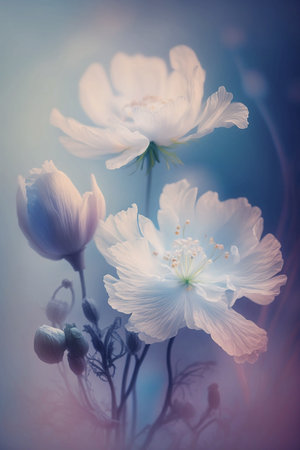 beautiful meadow magical of glowing white flowers in blue light and fogの素材