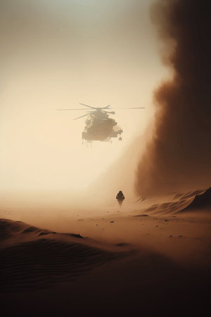 soldier walking in apocalypse desert landscapeの素材