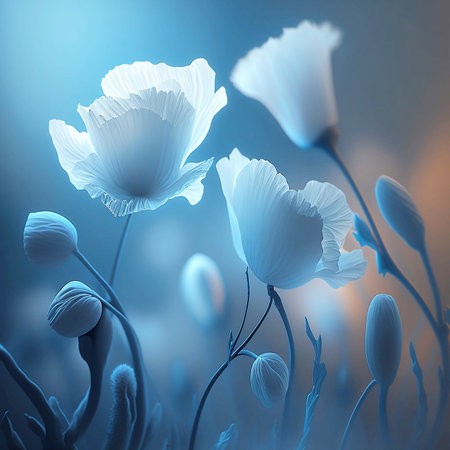 beautiful meadow magical of glowing white flowers in blue light and fogの素材