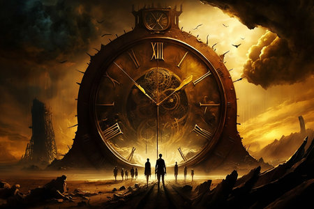 doomsday clock on steampunk apocalypse backgrooundの素材