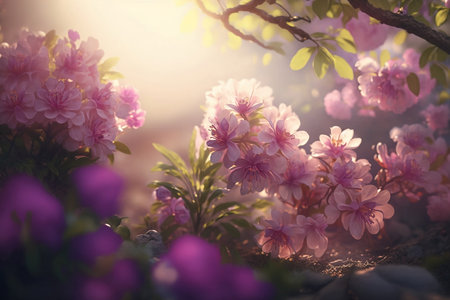 blooming cherry tree with pink flowers in soft sunlightの素材