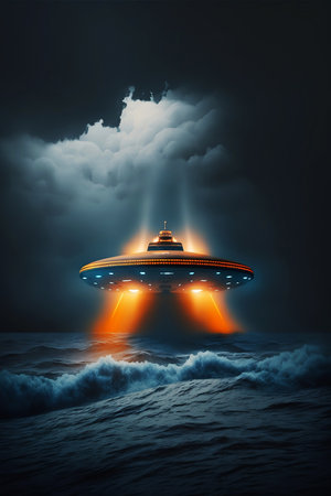 terrifying UFO hovering over open ocean in stormの素材