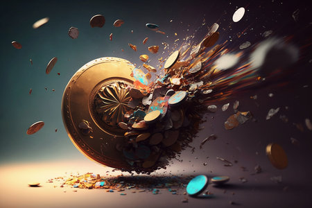 abstract illustration of coin blast on dark backgroundの素材