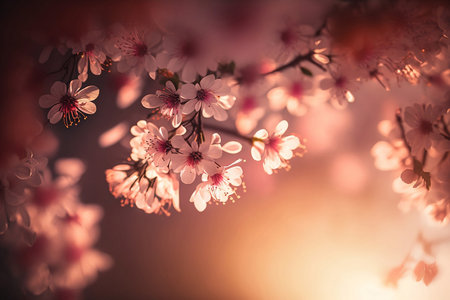 blooming cherry tree with pink flowers in soft sunlightの素材