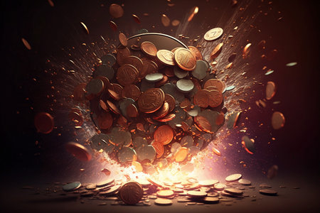 abstract illustration of coin blast on dark backgroundの素材