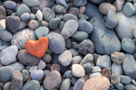 red stone in shape of heart on beach by seaの写真素材