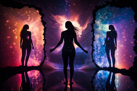 glowing silhouettes of women on space backgroundの素材