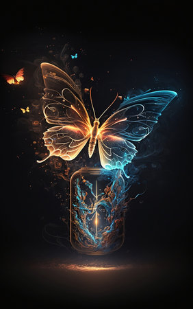 luminous butterfly with glass jar on dark backgroundの素材