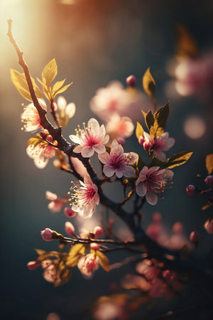 blooming cherry tree with pink flowers in soft sunlightの素材
